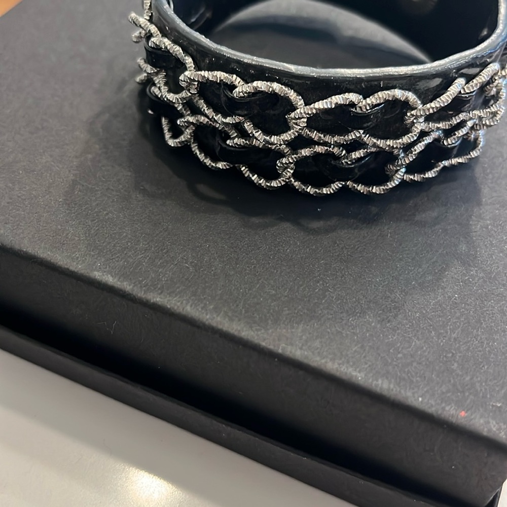 Black cuff, bracelet, adjustable with snap closure, silver and black